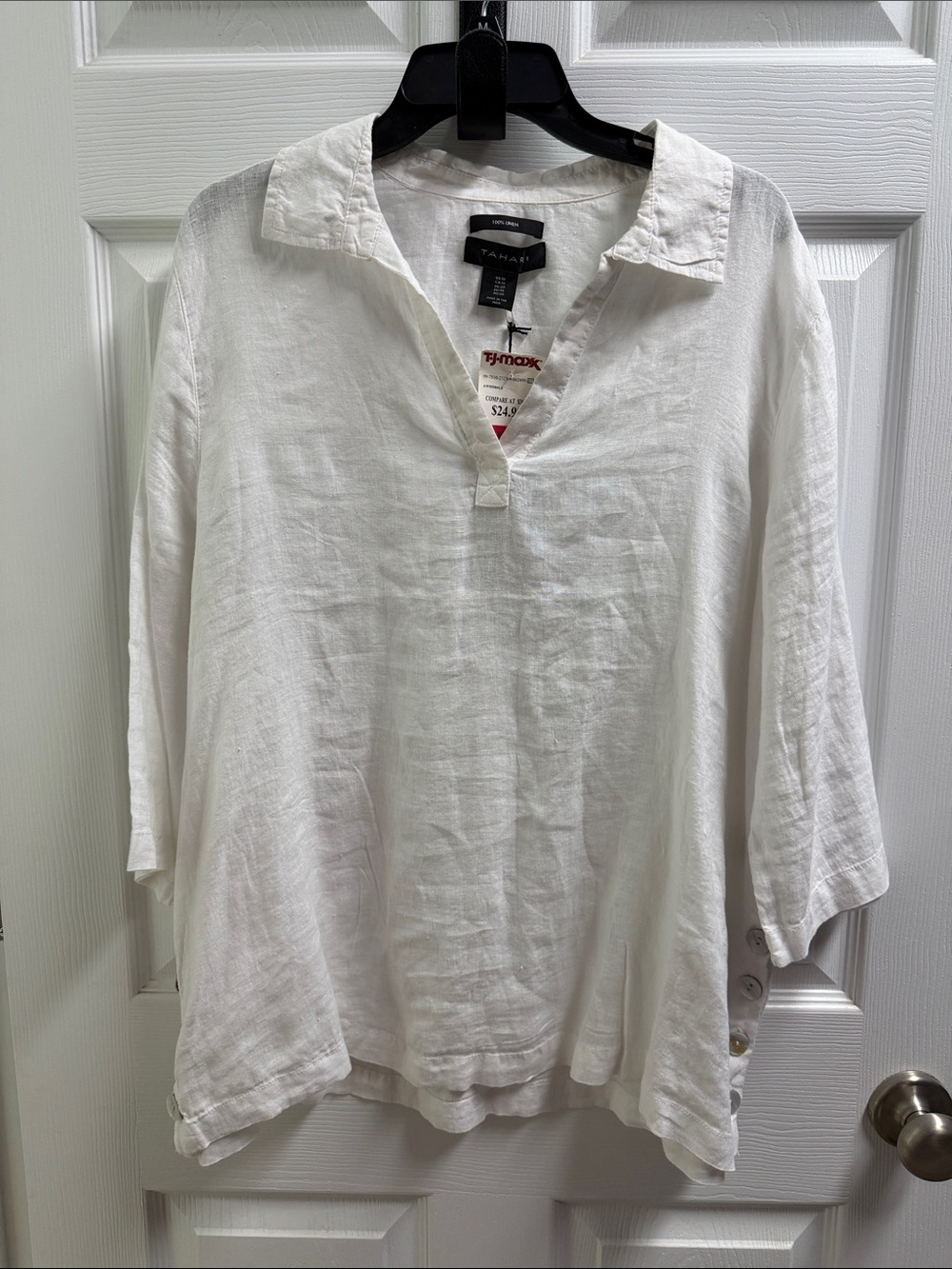 Tahari White Linen Collared Split-Neck Tunic